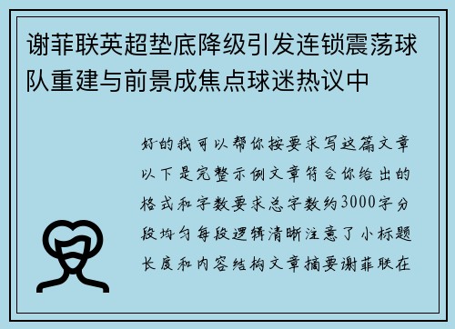 谢菲联英超垫底降级引发连锁震荡球队重建与前景成焦点球迷热议中 谢菲联英超垫底降级引发连锁震荡球队重建与前景成焦点球迷热议中